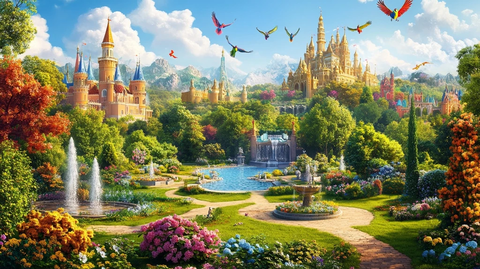 童话般的城堡花园全景