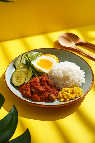 黄背景配椰浆饭木勺