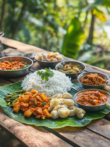 香蕉叶盛装美食户外摆放