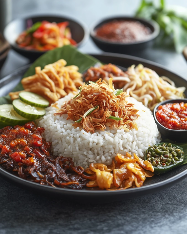 椰香米饭配辣酱与炸葱片