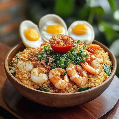 虾球炒饭配青菜