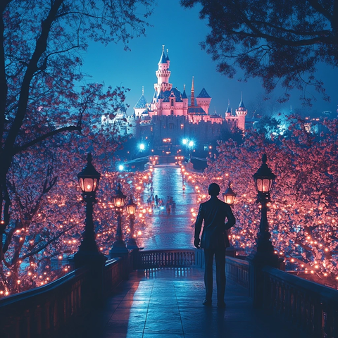 男子独站城堡前赏夜景的唯美画面