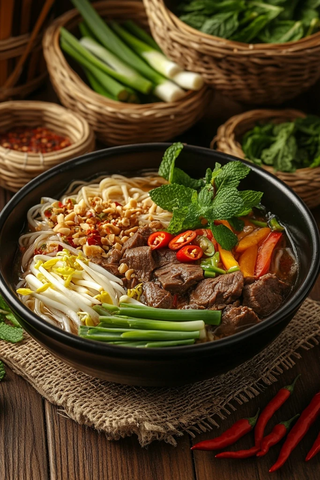 牛肉面配蔬菜香料竹篮
