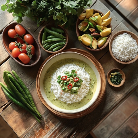 餐桌米饭绿咖喱蔬菜