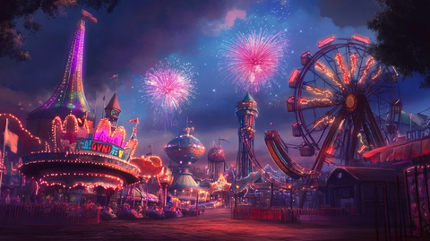 夜间游乐园璀璨灯光与绚丽烟花的景象