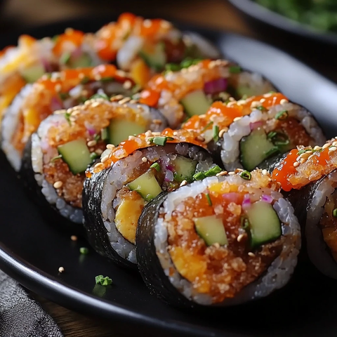 黑盘上的金枪鱼紫菜包饭