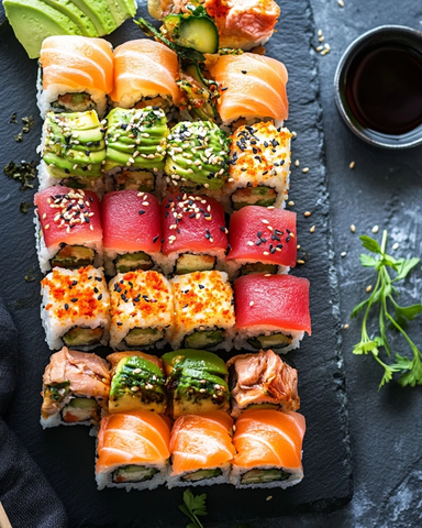 寿司拼盘配鱼片和酱料