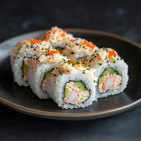 蟹肉寿司摆盘黑色背景