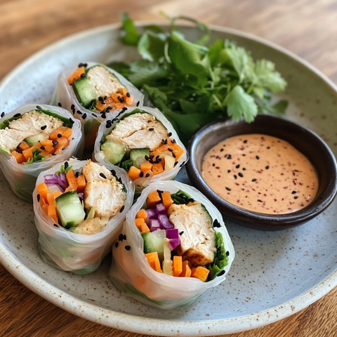 炸春卷配鸡肉蔬菜与酸奶酱