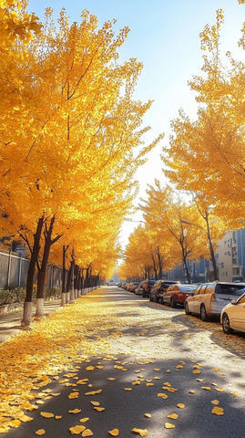 金黄色银杏大道满是落叶的秋日街景