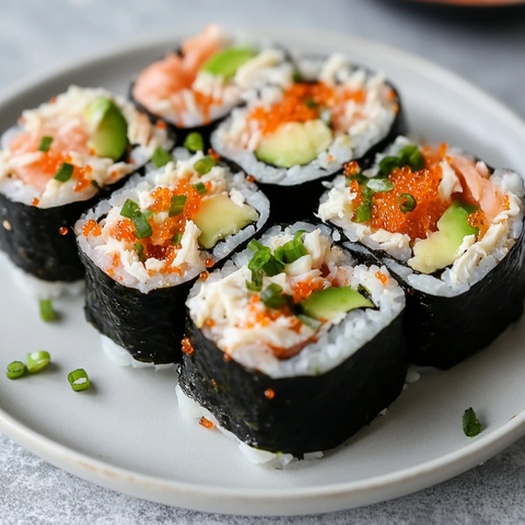 黄尾寿司卷配鲑鱼蟹肉