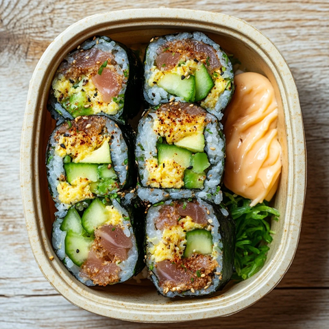 辣金枪鱼寿司卷配酱料和配菜