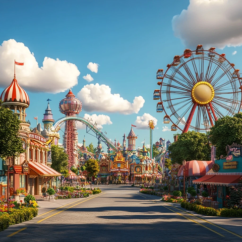 游乐园中的摩天轮与多彩建筑街道全景