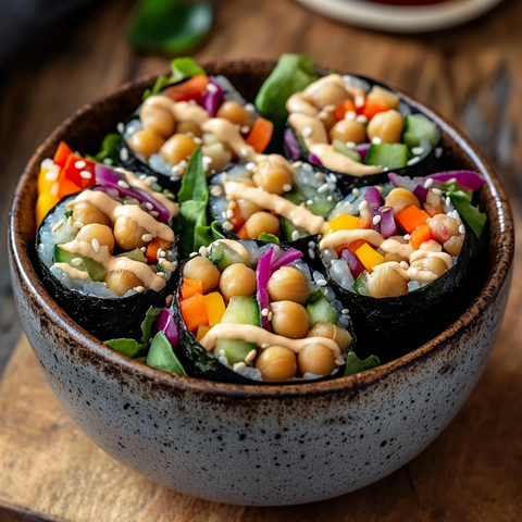 鹰嘴豆寿司配蔬菜和芝麻酱