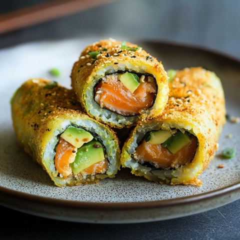 杏仁粉脆皮紫菜卷配牛油果三文鱼