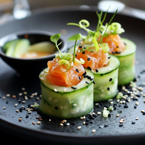 黄瓜卷配鲑鱼塔塔和香米