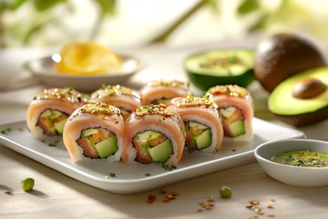 三盘日本寿司卷与柚子切片