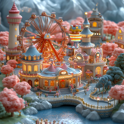 充满童话色彩的游乐园夜景