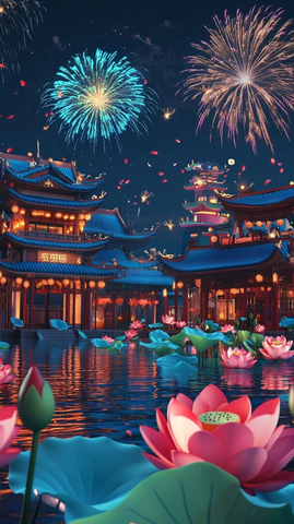 中式建筑夜景搭配绚烂烟花