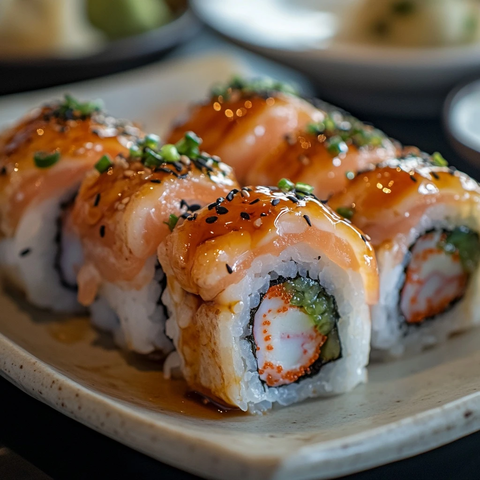 红鲷鱼寿司卷白背景拍摄