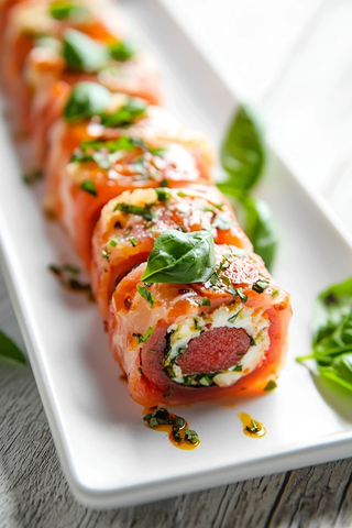 芝士香肠寿司卷配罗勒