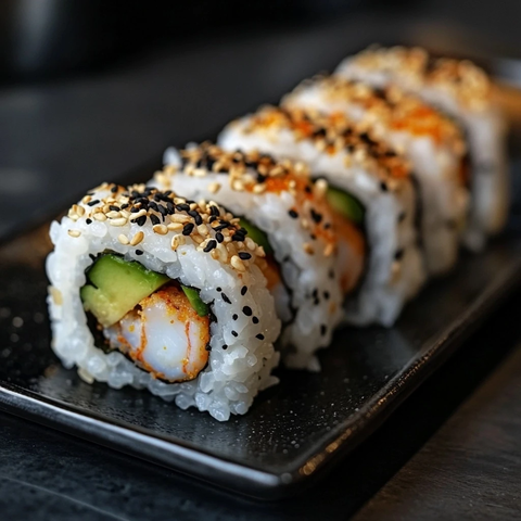 芝麻外层寿司配虾和牛油果