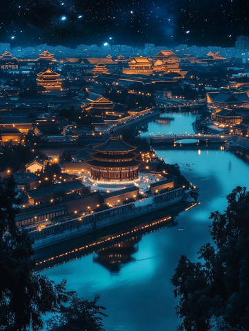 灯火辉煌的古建夜景俯瞰全景