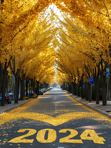 铺满银杏叶的道路及地面上的字样