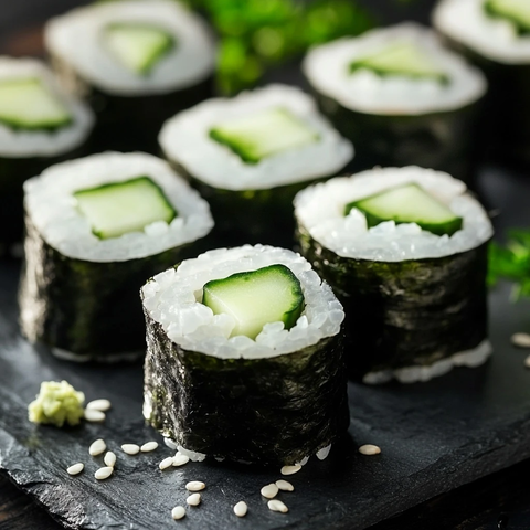 整齐排列寿司卷配黄瓜海苔