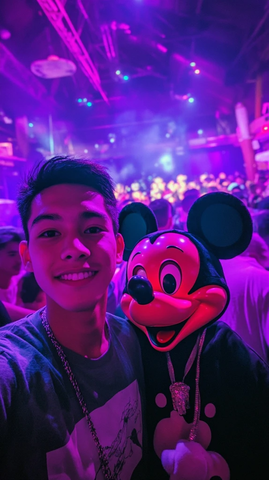 男子与戴米老鼠头套者在室内的合影