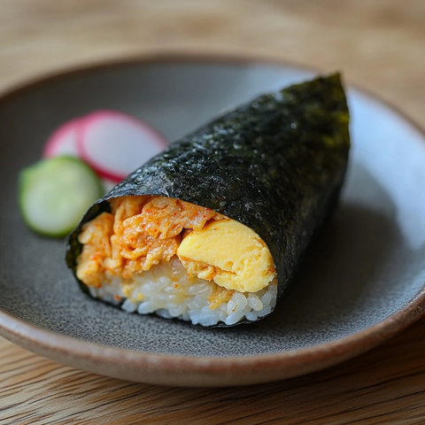 三角饭团蛋皮包裹配腌萝卜