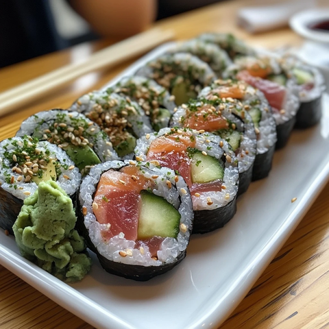传统寿司卷配鲔鱼鲑鱼黄瓜牛油果