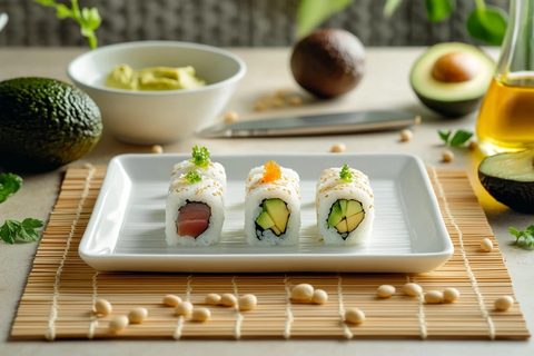 三款寿司拼盘与竹垫搭配