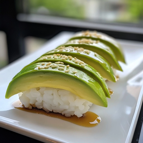 牛油果寿司米点缀酱油芝麻