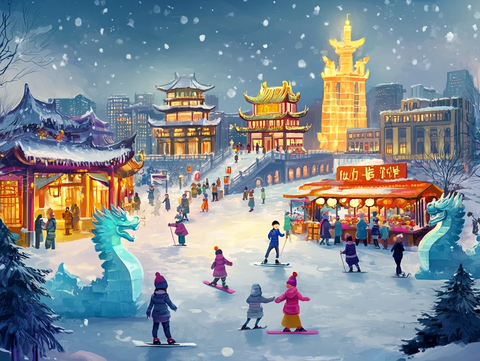 雪天中式建筑旁热闹的滑冰滑雪场景