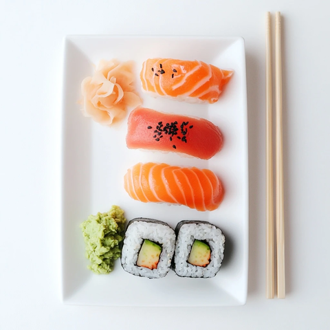 鲜亮三文鱼刺身与寿司拼盘