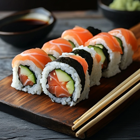 黄瓜红鱼寿司卷与蘸料