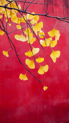 红墙映衬下的银杏树枝条