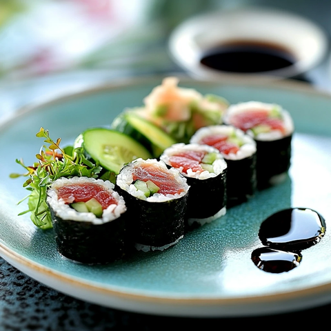 寿司拼盘配海藻沙拉和姜片