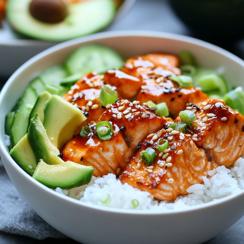 蜜辣味三文鱼饭配黄瓜牛油果