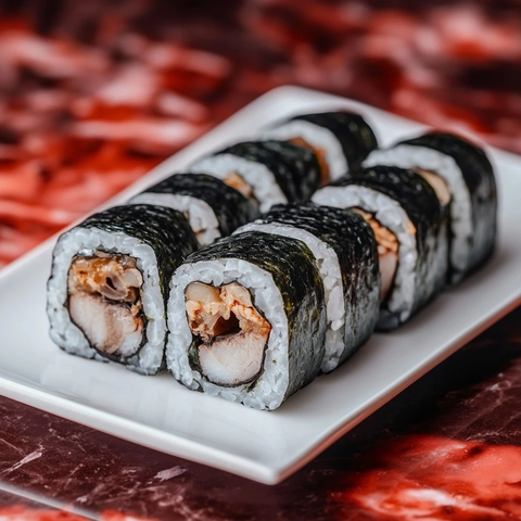 鳗鱼寿司卷与红色大理石台面