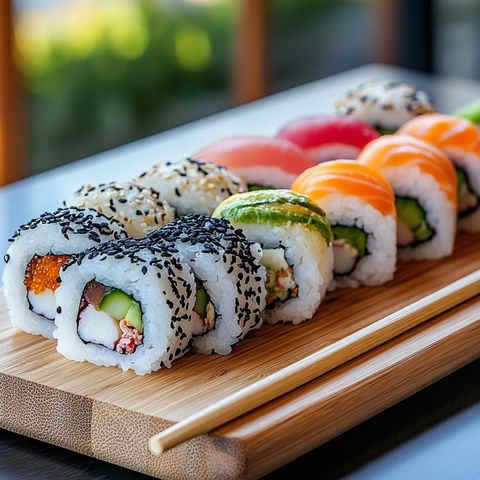 木板上的寿司卷和筷子