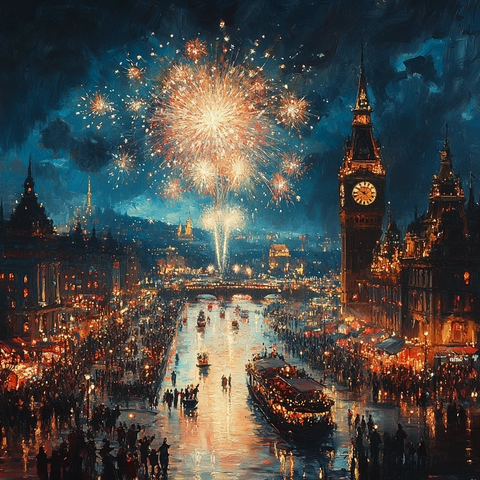 城市夜景烟花绽放泰晤士河上的人群