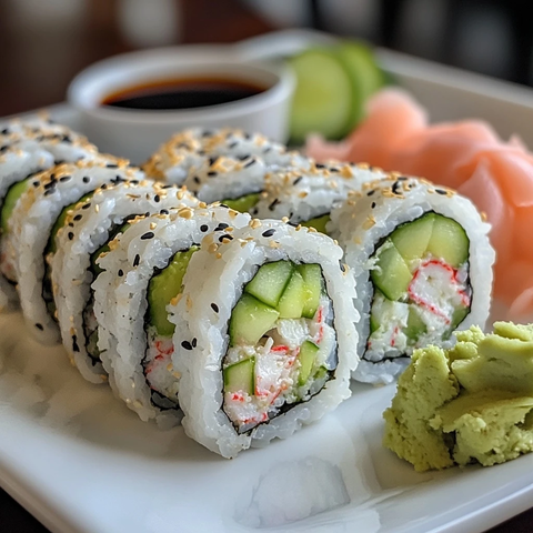 新鲜寿司卷配姜片和蘸料