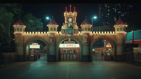 夜间游乐园城堡大门入口处景象