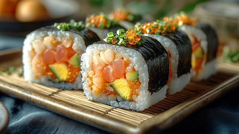 寿司卷与竹帘摆放展示