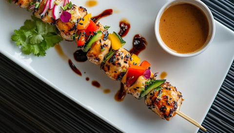 花生酱鸡肉串配小碗蘸酱