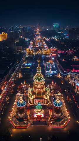 夜晚灯火辉煌的城市大型彩灯建筑景观
