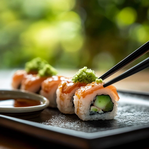 寿司搭配芥末蘸酱油