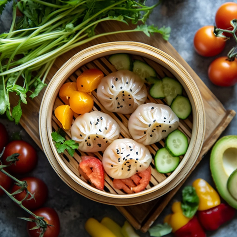 竹蒸笼虾饺与蔬果拼盘